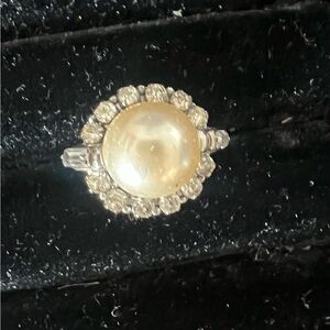 Elegant Faux Pearl and Diamond Ring Adjustable